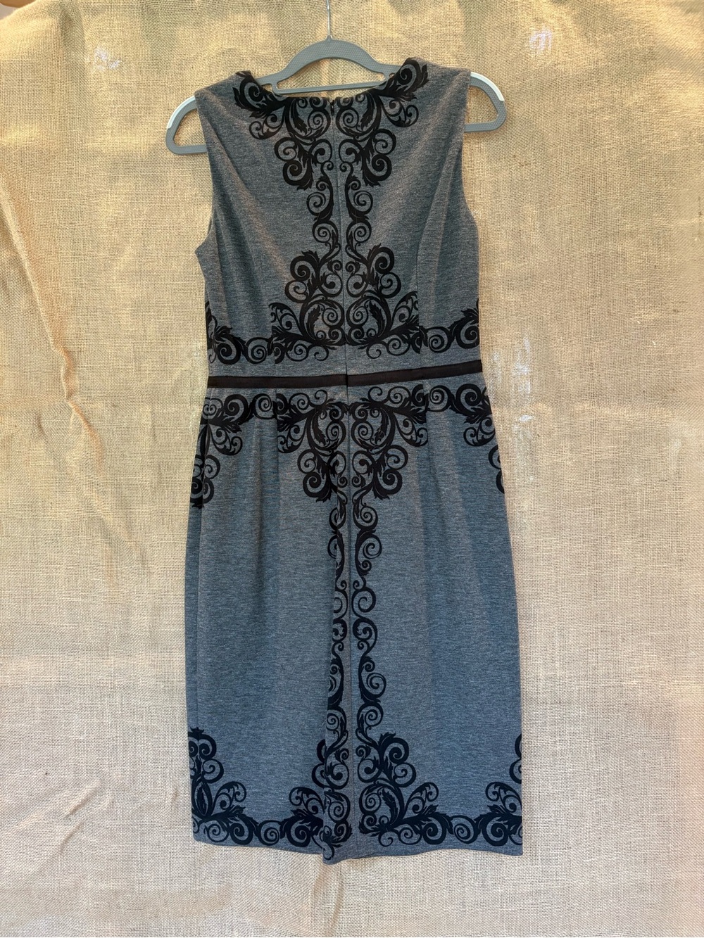 Maggy London Gray Midi Dress with Black Scroll Appliqué